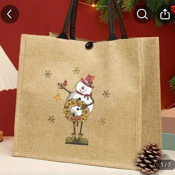 Botique Handbags - Festive Snowman Jute Tote Bag - Tan